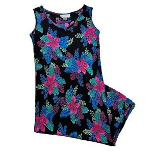 Vintage California Krush Hawaiian Floral Print Black Maxi Sun Dress Slit Size S